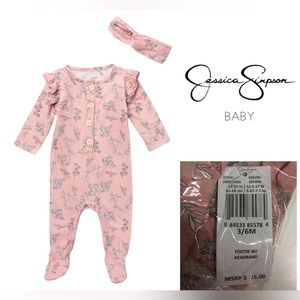 🆕JESSICA SIMPSON BABY - 3/6M - NWT - 2PC PINK FLORAL SLEEPER AND HEADBAND